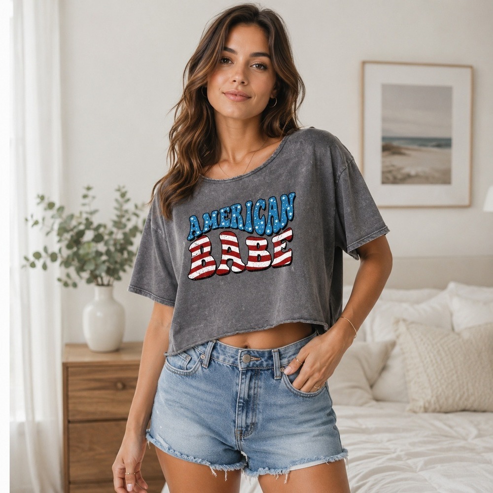 Caution To The Wind Graphic Tee American Babe Cropped Grey L Patriotic Grunge